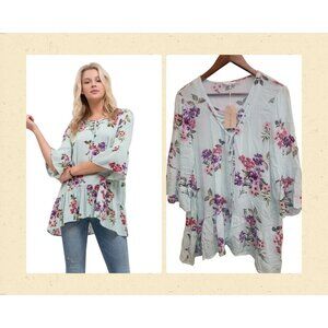 Blu Pepper Floral Tunic Top W/ Lace-Up Neckline & Ruffle Hem Light Blue Large